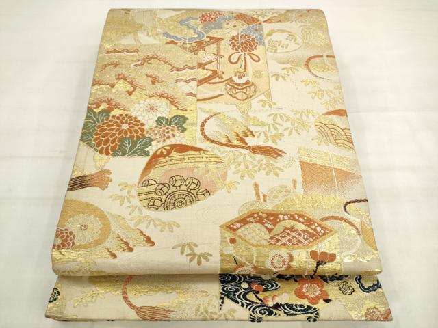 平和屋着物◎アンティーク　大正ロマン　丸帯　唐織　貝桶吉祥花文　金糸　正絹　逸品　AABK2424pf