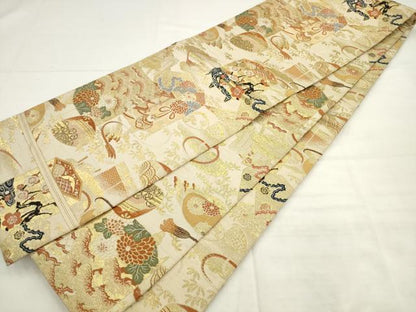 平和屋着物◎アンティーク　大正ロマン　丸帯　唐織　貝桶吉祥花文　金糸　正絹　逸品　AABK2424pf