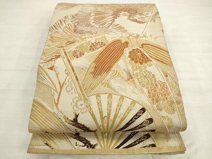 平和屋着物◎アンティーク　大正ロマン　丸帯　扇面笠松文　金糸　正絹　逸品　AABK2425pf