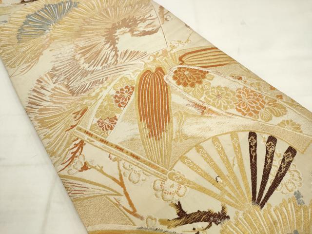 平和屋着物◎アンティーク　大正ロマン　丸帯　扇面笠松文　金糸　正絹　逸品　AABK2425pf