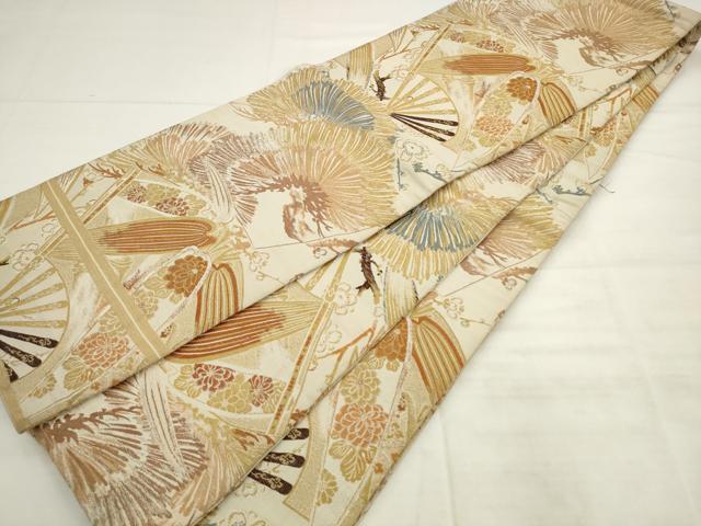 平和屋着物◎アンティーク　大正ロマン　丸帯　扇面笠松文　金糸　正絹　逸品　AABK2425pf