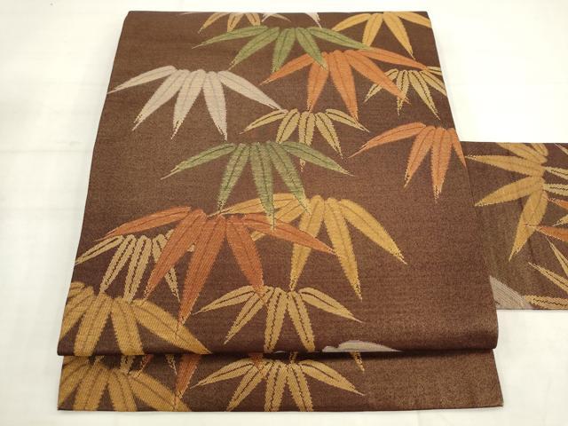 平和屋着物◎九寸名古屋帯　笹の葉文　金糸　正絹　逸品　AABK2427pf