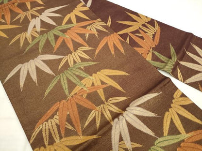 平和屋着物◎九寸名古屋帯　笹の葉文　金糸　正絹　逸品　AABK2427pf