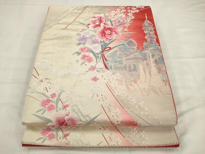 平和屋着物◎六通柄袋帯　唐織　風景花文　銀糸　正絹　逸品　AABK2431pf