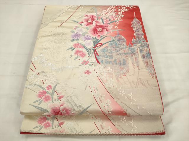 平和屋着物◎六通柄袋帯　唐織　風景花文　銀糸　正絹　逸品　AABK2431pf