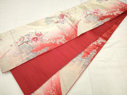 平和屋着物◎六通柄袋帯　唐織　風景花文　銀糸　正絹　逸品　AABK2431pf