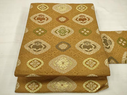 平和屋着物◎九寸名古屋帯　花菱文　金糸　正絹　逸品　AABK2436pf