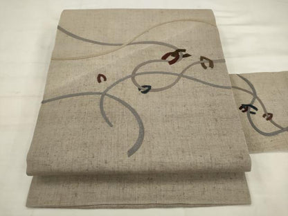 平和屋着物◎中国三大刺繍　相良刺繍　九寸名古屋帯　総刺繍　紬地　幾何学文様　正絹　逸品　AABK2438pf