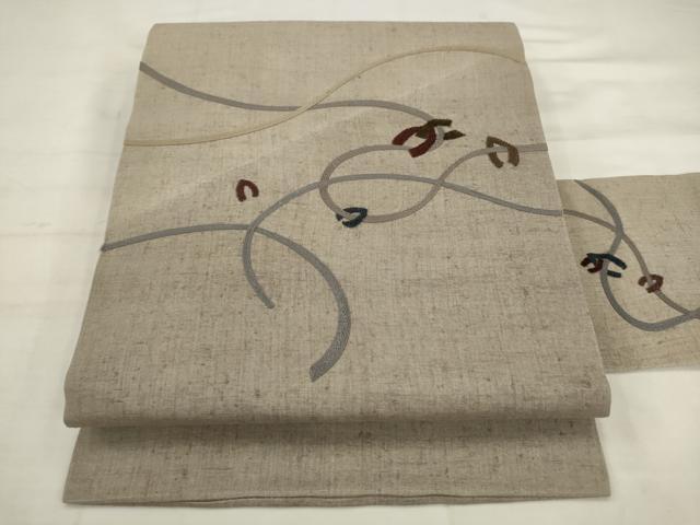 平和屋着物◎中国三大刺繍　相良刺繍　九寸名古屋帯　総刺繍　紬地　幾何学文様　正絹　逸品　AABK2438pf