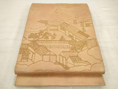 平和屋着物◎中国三大刺繍　相良刺繍　太鼓柄袋帯　総刺繍　人物風景文　金糸　正絹　逸品　AABK2441pf