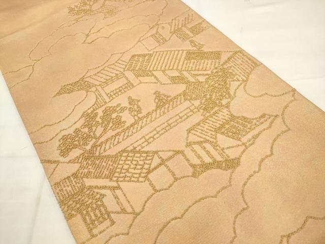 平和屋着物◎中国三大刺繍　相良刺繍　太鼓柄袋帯　総刺繍　人物風景文　金糸　正絹　逸品　AABK2441pf