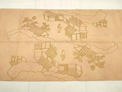 平和屋着物◎中国三大刺繍　相良刺繍　太鼓柄袋帯　総刺繍　人物風景文　金糸　正絹　逸品　AABK2441pf