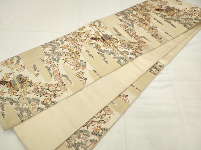 平和屋着物◎六通柄袋帯　人物風景文　金糸　正絹　逸品　AABK2447pf