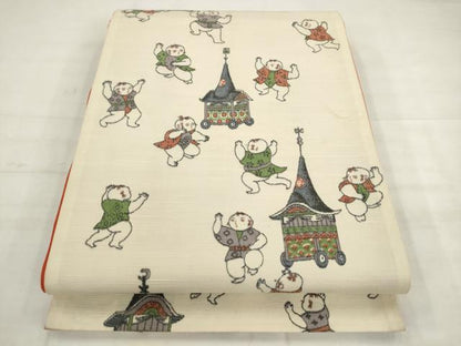平和屋着物◎全通柄袋帯　紬地　祭り　唐子　正絹　逸品　AABK2452pf