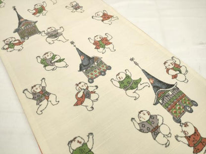 平和屋着物◎全通柄袋帯　紬地　祭り　唐子　正絹　逸品　AABK2452pf