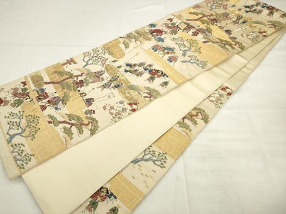 平和屋着物◎六通柄袋帯　唐織　人物風景文　金糸　正絹　逸品　AABK2453pf