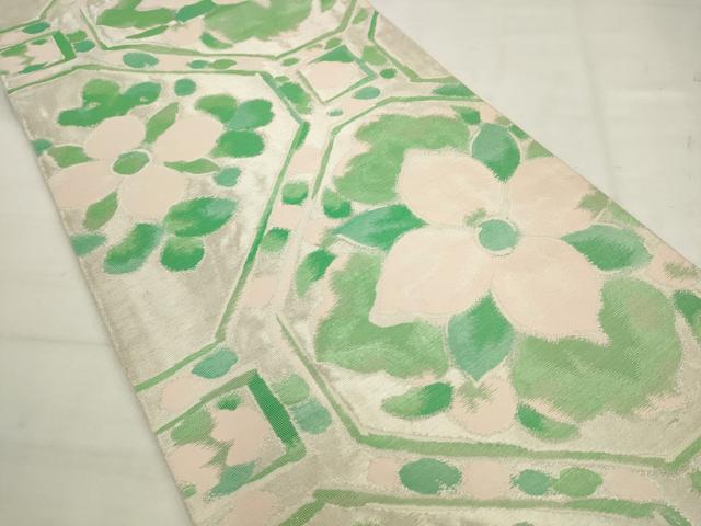 平和屋着物◎六通柄袋帯　蜀江花文　銀糸　正絹　逸品　AABK2455pf
