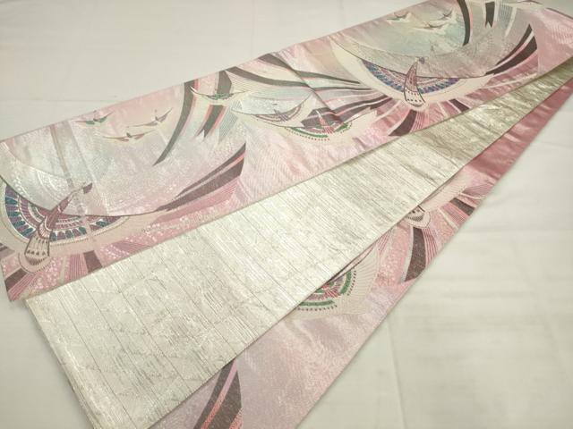 平和屋着物◎両面　六通柄袋帯　唐織　飛鶴文　銀糸　正絹　逸品　AABK2458pf