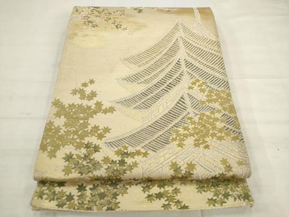 平和屋着物◎六通柄袋帯　風景文　銀糸　正絹　逸品　AABK2462pf
