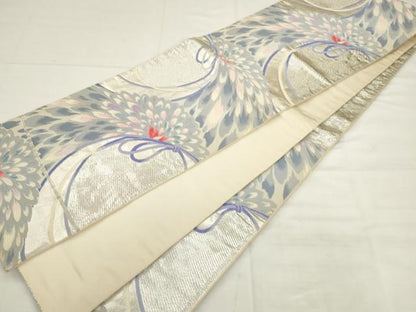 平和屋着物◎六通柄袋帯　唐織　結び紐花文　銀糸　正絹　逸品　AABK2463pf