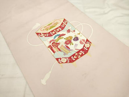 平和屋着物◎塩瀬　九寸開き名古屋帯　駒刺繍　貝桶花文　金彩　正絹　逸品　AABK2465pf