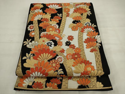 平和屋着物◎六通柄　京本袋帯　唐織　草花文　黒地　金糸　正絹　逸品　AABK2474pf
