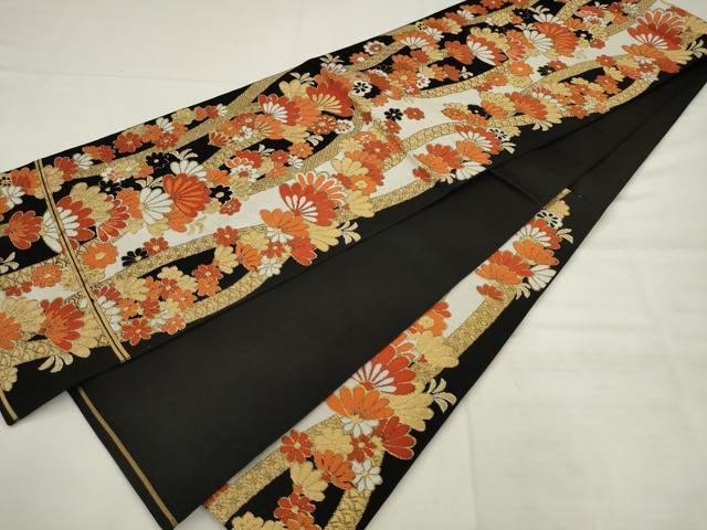 平和屋着物◎六通柄　京本袋帯　唐織　草花文　黒地　金糸　正絹　逸品　AABK2474pf