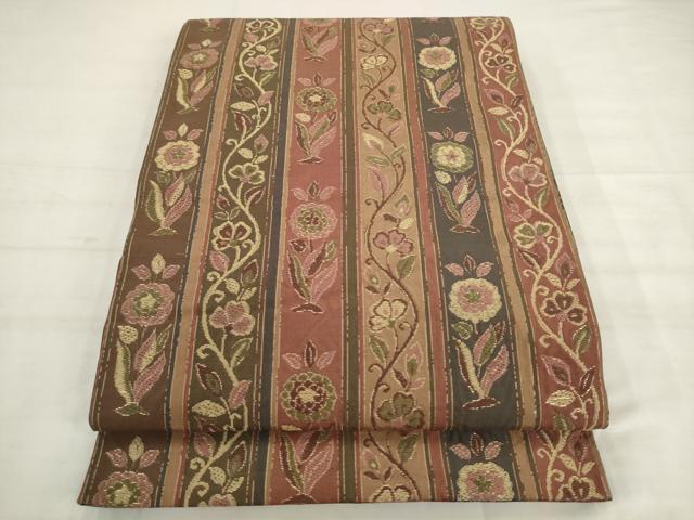 平和屋着物◎六通柄袋帯　草花間道　金糸　正絹　逸品　AABK2484pf