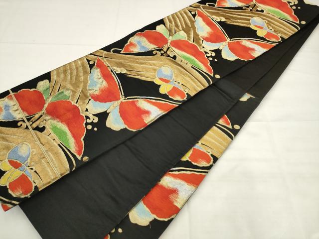 平和屋着物◎六通柄袋帯　立波舞蝶文　黒地　金銀糸　正絹　逸品　AABK2489pf