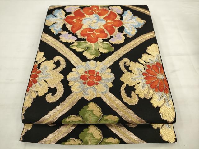 平和屋着物◎六通柄　本袋帯　唐織　飾花文　黒地　金糸　正絹　逸品　AABK2490pf