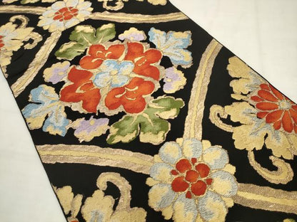 平和屋着物◎六通柄　本袋帯　唐織　飾花文　黒地　金糸　正絹　逸品　AABK2490pf