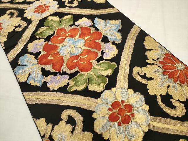 平和屋着物◎六通柄　本袋帯　唐織　飾花文　黒地　金糸　正絹　逸品　AABK2490pf
