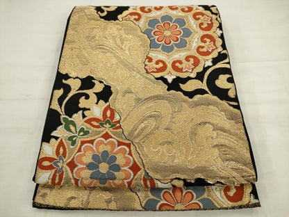 平和屋着物◎六通柄　本袋帯　唐織　立波花文　黒地　金糸　正絹　逸品　AABK2498pf