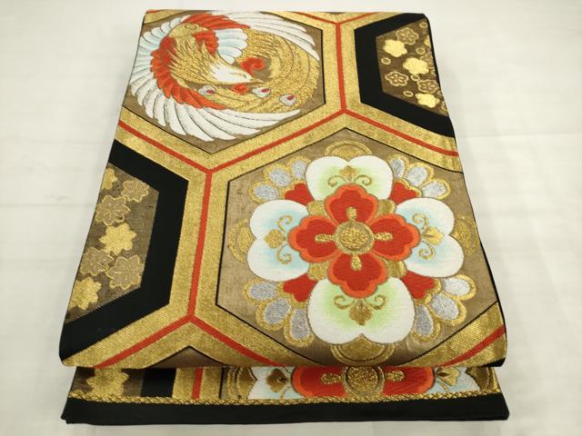 平和屋着物◎六通柄袋帯　唐織　鳳凰亀甲花文　黒地　金糸　正絹　逸品　AABK2499pf