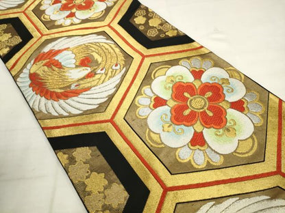 平和屋着物◎六通柄袋帯　唐織　鳳凰亀甲花文　黒地　金糸　正絹　逸品　AABK2499pf