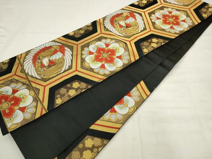 平和屋着物◎六通柄袋帯　唐織　鳳凰亀甲花文　黒地　金糸　正絹　逸品　AABK2499pf