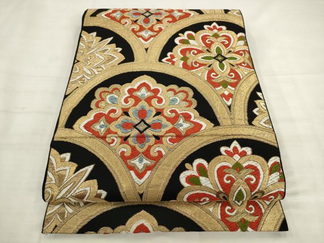 平和屋着物◎六通柄　本袋帯　唐織　花青海波　黒地　金糸　正絹　逸品　AABK2504pf