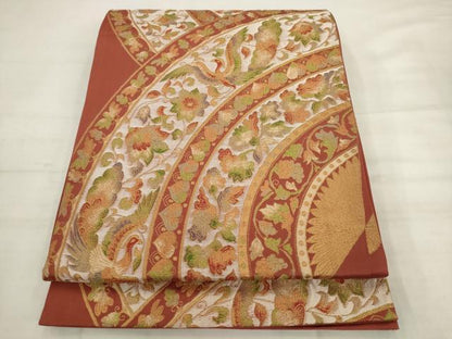 平和屋着物◎六通柄袋帯　更紗花鳥文　金糸　正絹　逸品　AABK2508pf