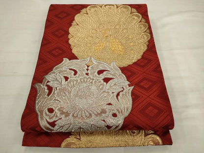 平和屋着物◎六通柄袋帯　唐織　孔雀花文　金銀糸　正絹　逸品　AABK2509pf
