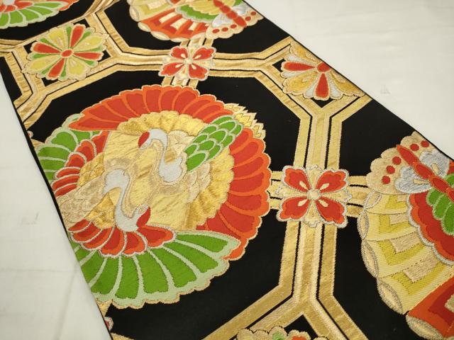 平和屋着物◎六通柄袋帯　唐織　蜀江双鶴花文　黒地　金銀糸　正絹　逸品　AABK2515pf