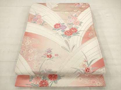 平和屋着物◎六通柄袋帯　唐織　花束文　銀糸　正絹　逸品　AABK2518pf