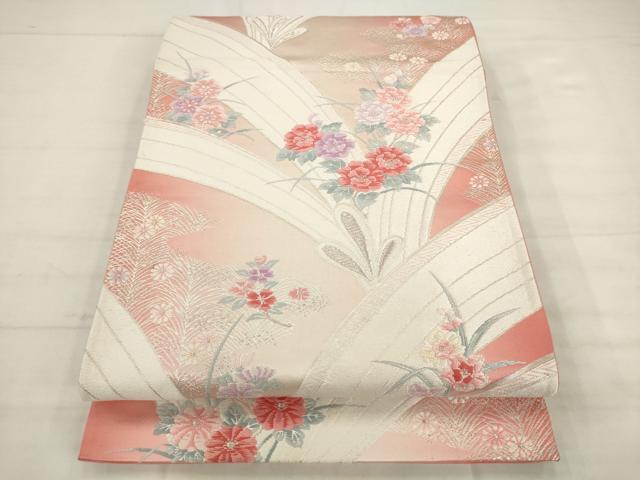 平和屋着物◎六通柄袋帯　唐織　花束文　銀糸　正絹　逸品　AABK2518pf