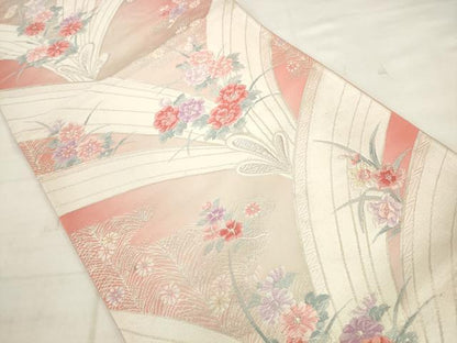 平和屋着物◎六通柄袋帯　唐織　花束文　銀糸　正絹　逸品　AABK2518pf