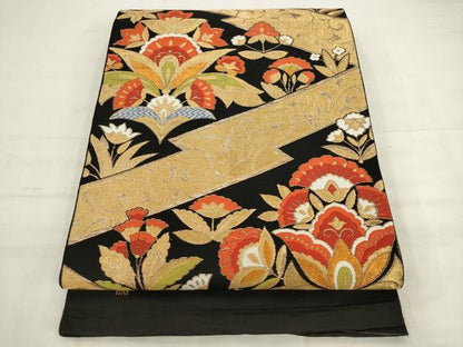平和屋着物◎六通柄　本袋帯　唐織　更紗花文　黒地　正絹　逸品　AABK2523pf
