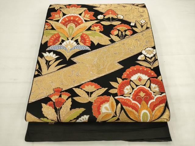 平和屋着物◎六通柄　本袋帯　唐織　更紗花文　黒地　正絹　逸品　AABK2523pf