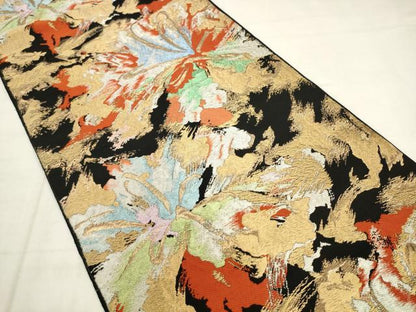平和屋着物◎六通柄袋帯　唐織　舞花文　黒地　金糸　正絹　逸品　AABK2525pf