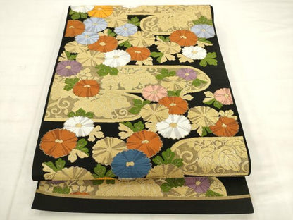 平和屋着物◎六通柄京袋帯　唐織　霞取り花文　黒地　金糸　正絹　逸品　AABK2526pf