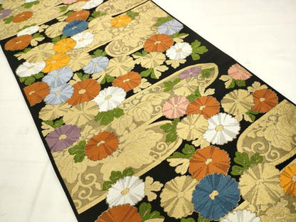 平和屋着物◎六通柄京袋帯　唐織　霞取り花文　黒地　金糸　正絹　逸品　AABK2526pf
