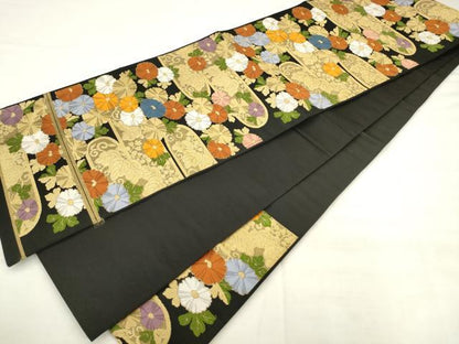 平和屋着物◎六通柄京袋帯　唐織　霞取り花文　黒地　金糸　正絹　逸品　AABK2526pf