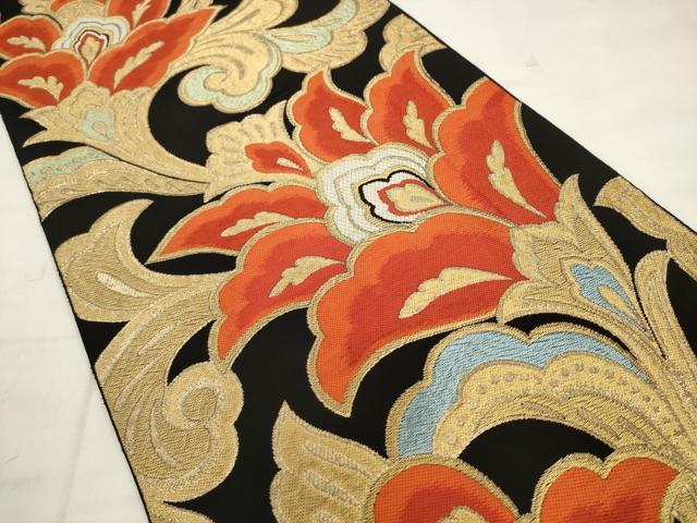平和屋着物◎六通柄　本袋帯　唐織　更紗花文　黒地　金糸　正絹　逸品　AABK2528pf